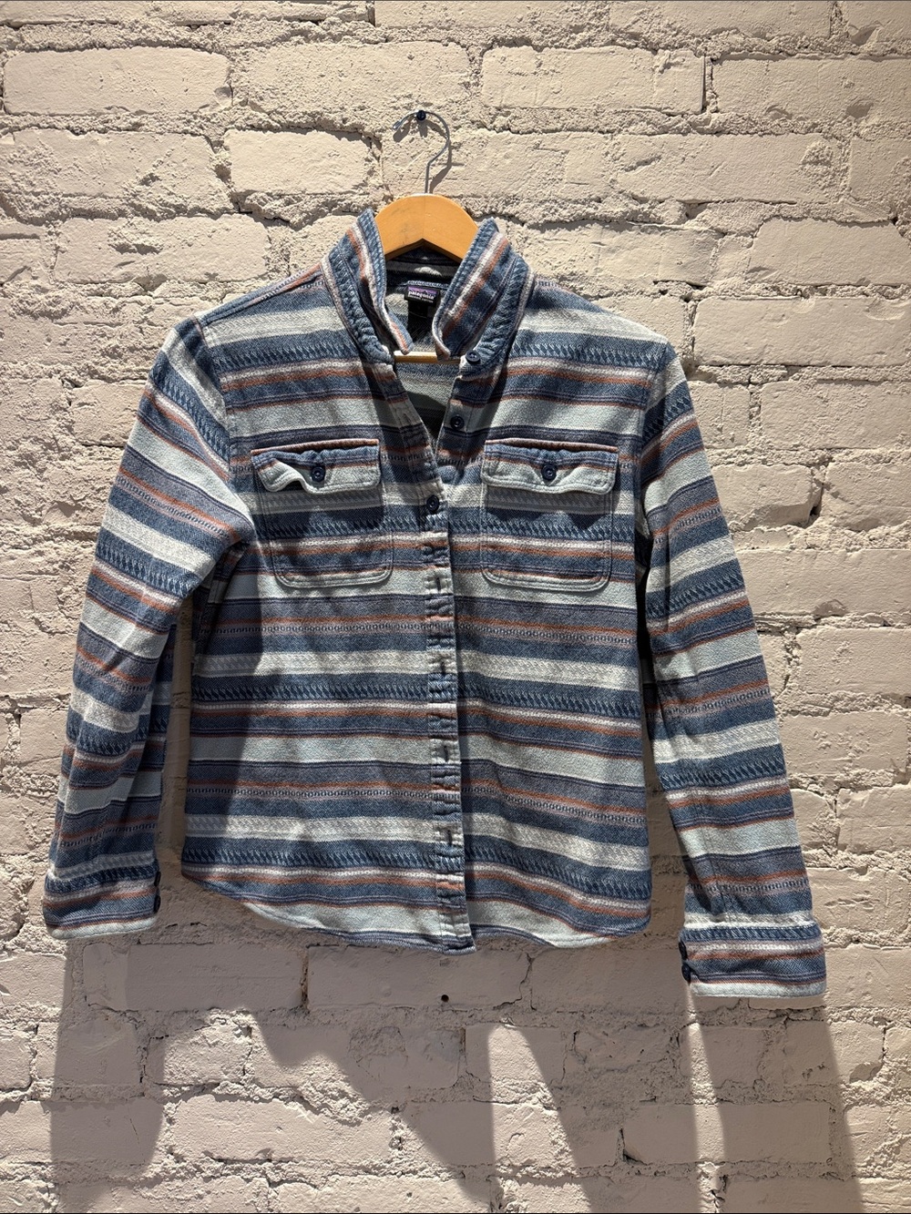 Patagonia Blue and Rust Striped Casual Button-Down Shirt